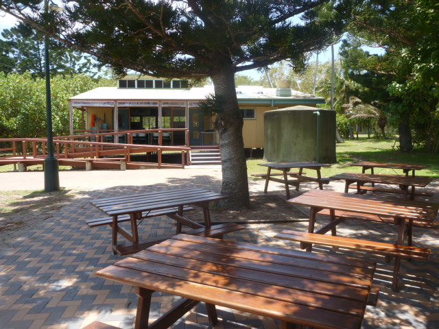 outdoor eating area tables near the dining hall