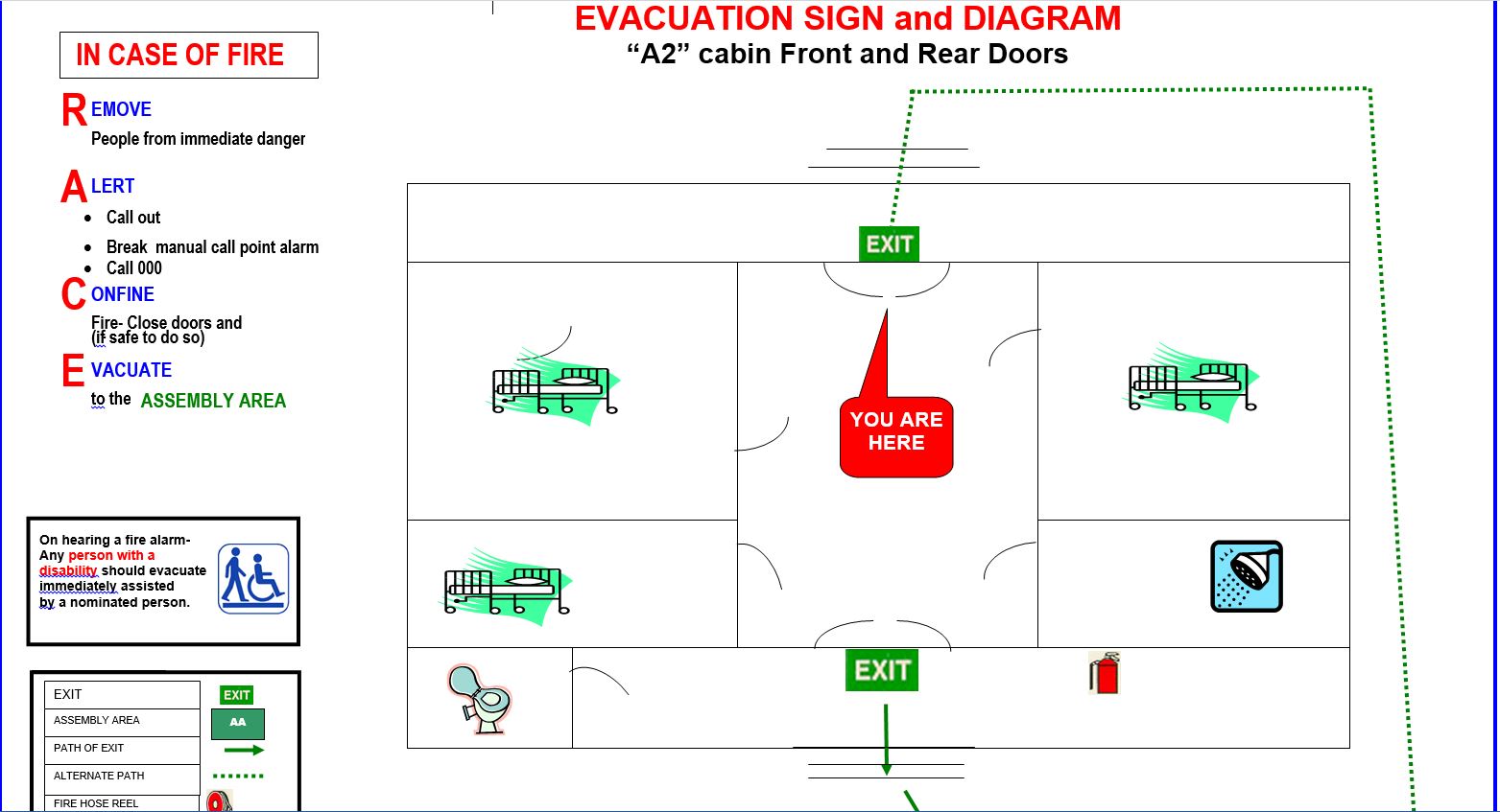 evacuation sign and diagram A2 cabin Front and Rear Doors